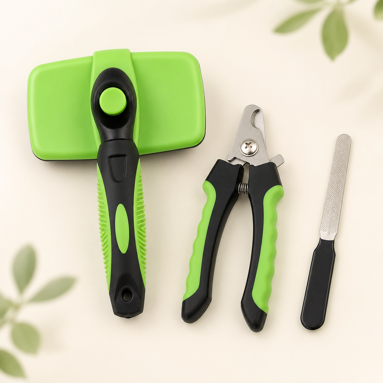 Furvelis three-piece pet grooming and nail care kit in green