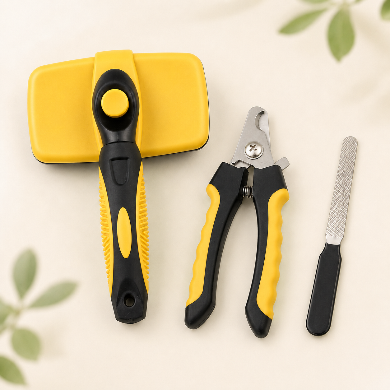 Furvelis three-piece pet grooming and nail care kit in yellow