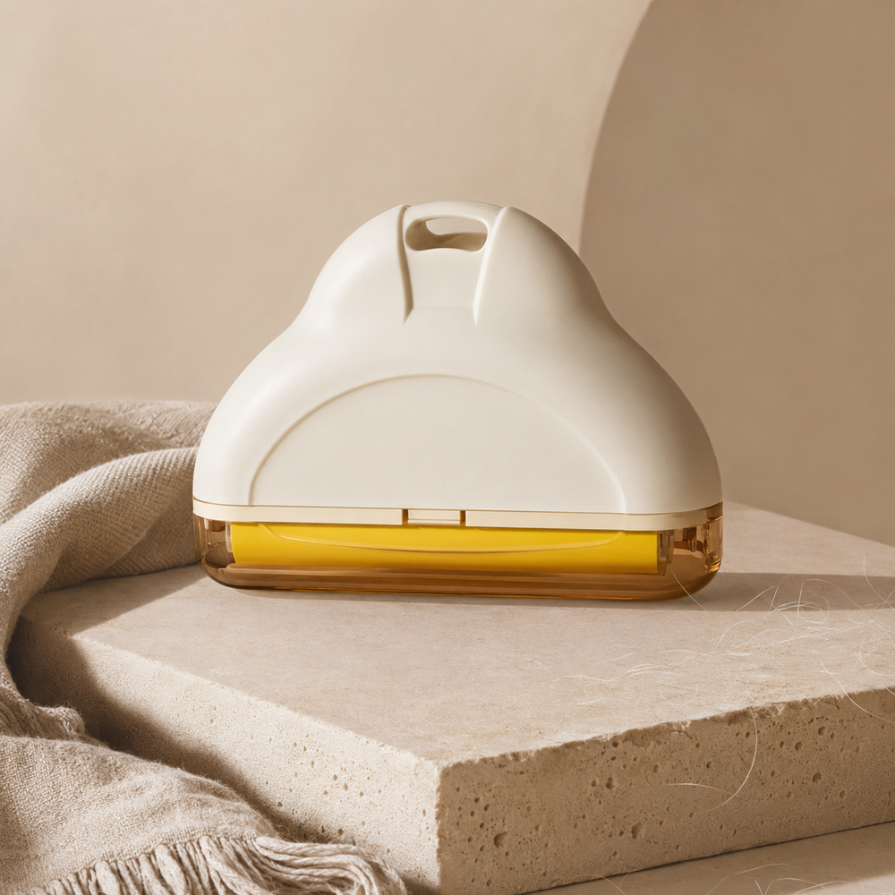 Cream Furvelis compact washable pet hair remover on a warm stone pedestal