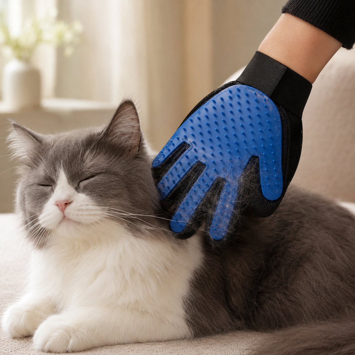 Blue Furvelis grooming glove gently collecting loose fur from a relaxed grey and white cat