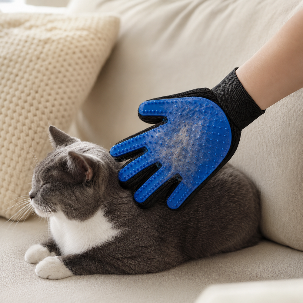 Blue Furvelis grooming glove gently removing loose fur from a grey and white cat