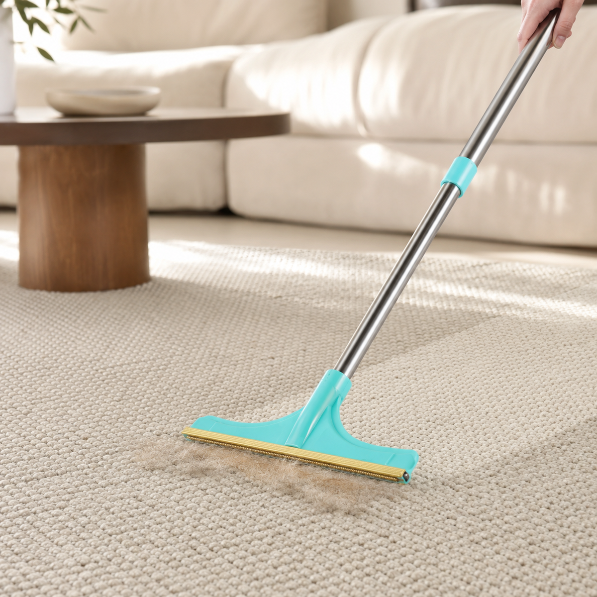 Turquoise Furvelis long-handle pet hair remover gathering loose fur from an oatmeal rug