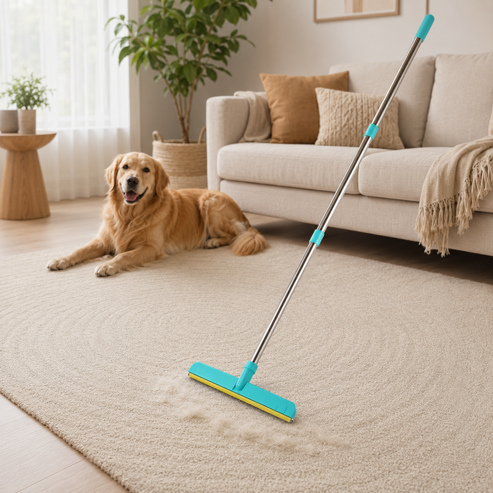 Turquoise Furvelis long-handle pet hair remover on an oatmeal rug beside a golden retriever