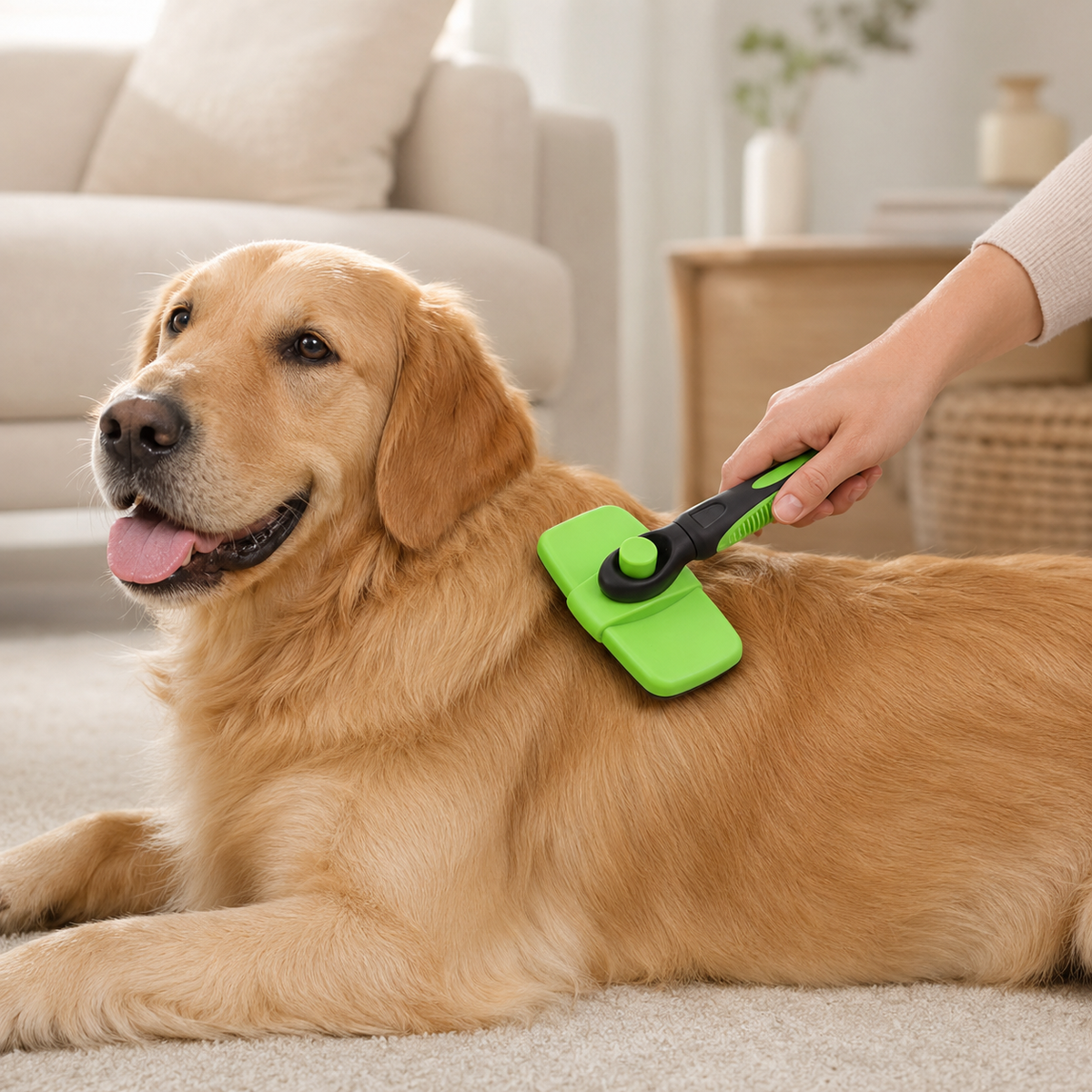 Golden retriever being groomed with the Furvelis self-cleaning slicker brush