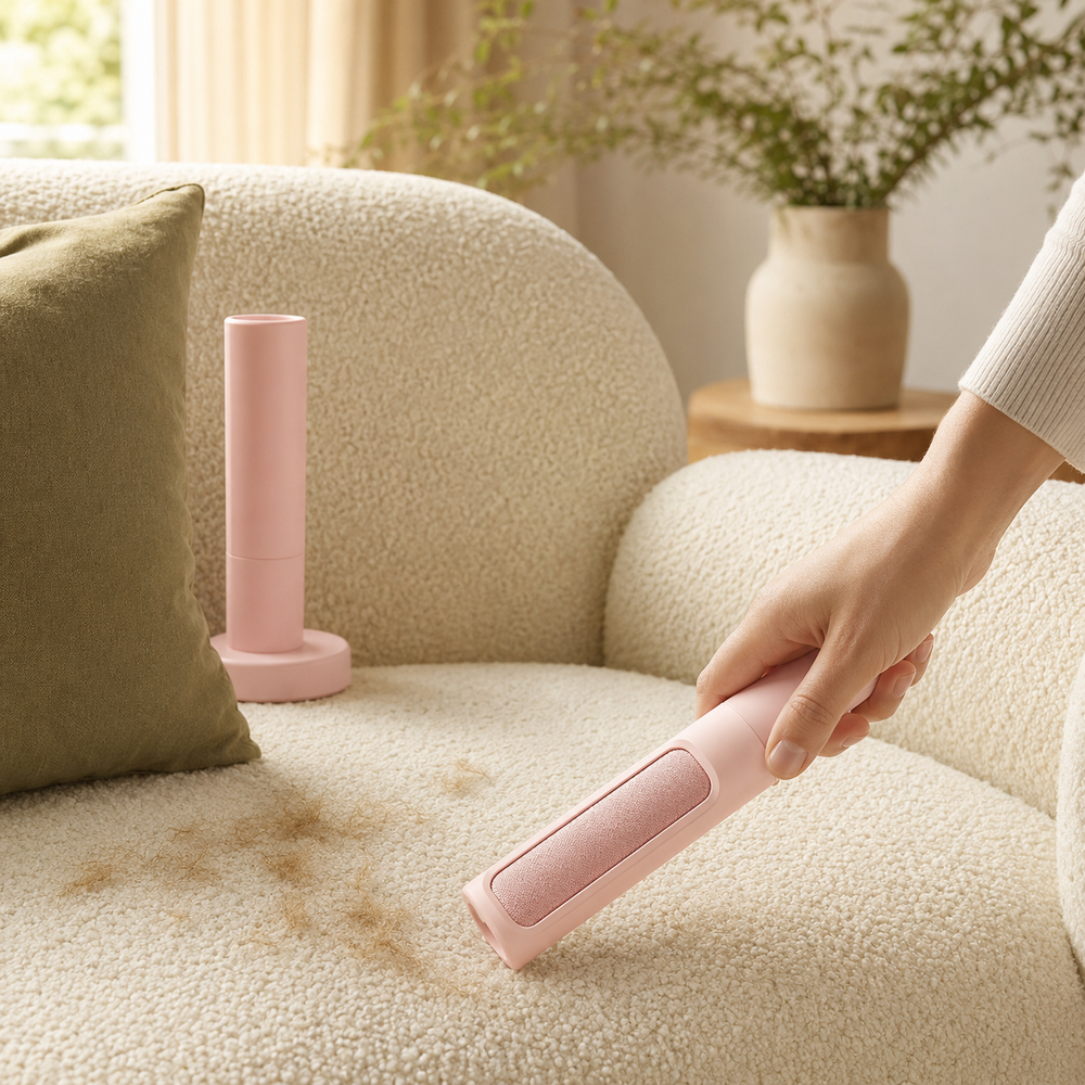 Pink Furvelis self-cleaning pet hair remover gathering loose fur from an ivory boucle sofa