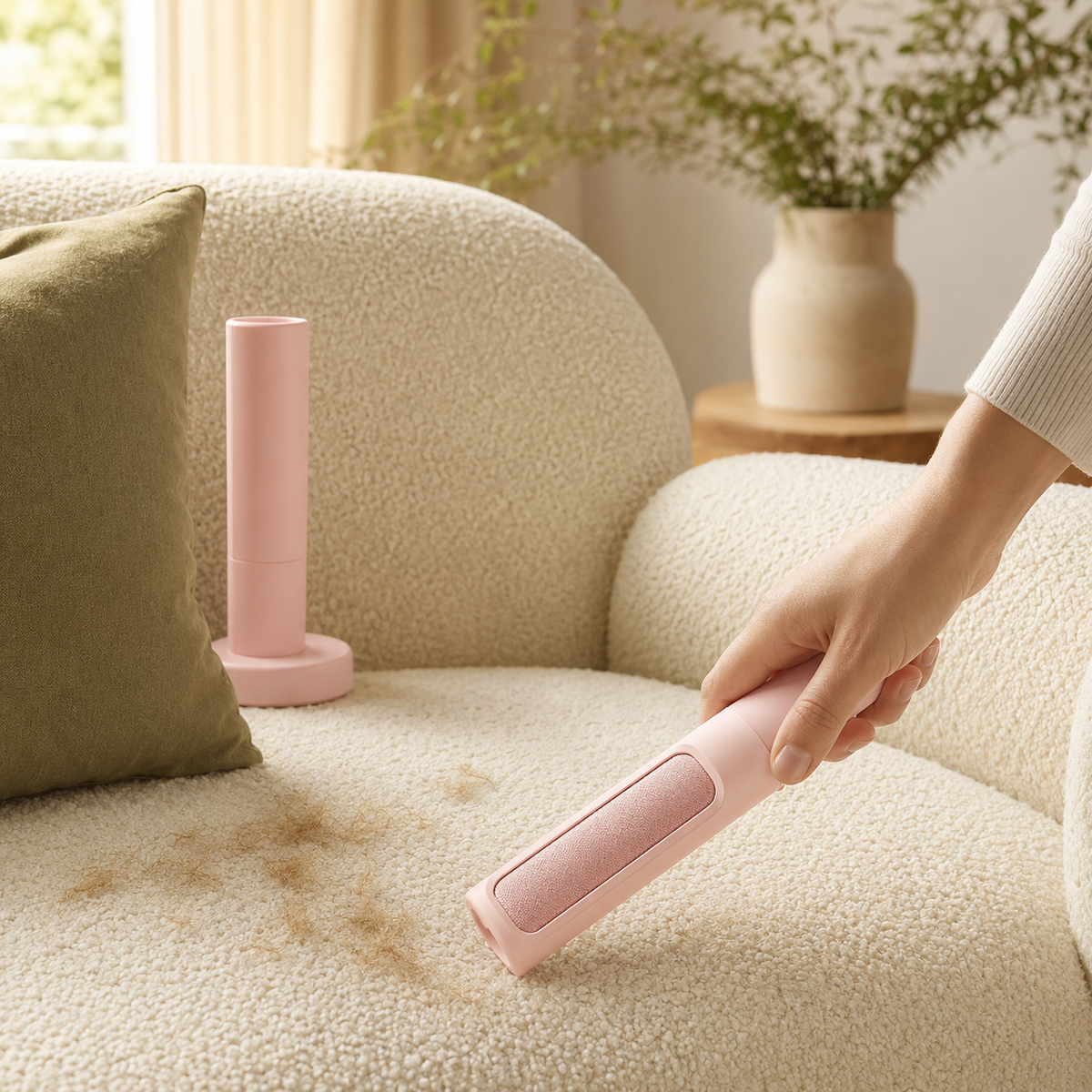 Pink Furvelis self-cleaning pet hair remover gathering loose fur from an ivory boucle sofa