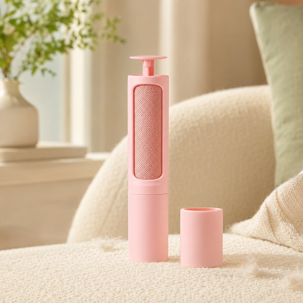 Pink Furvelis self-cleaning pet hair remover in a warm neutral living room